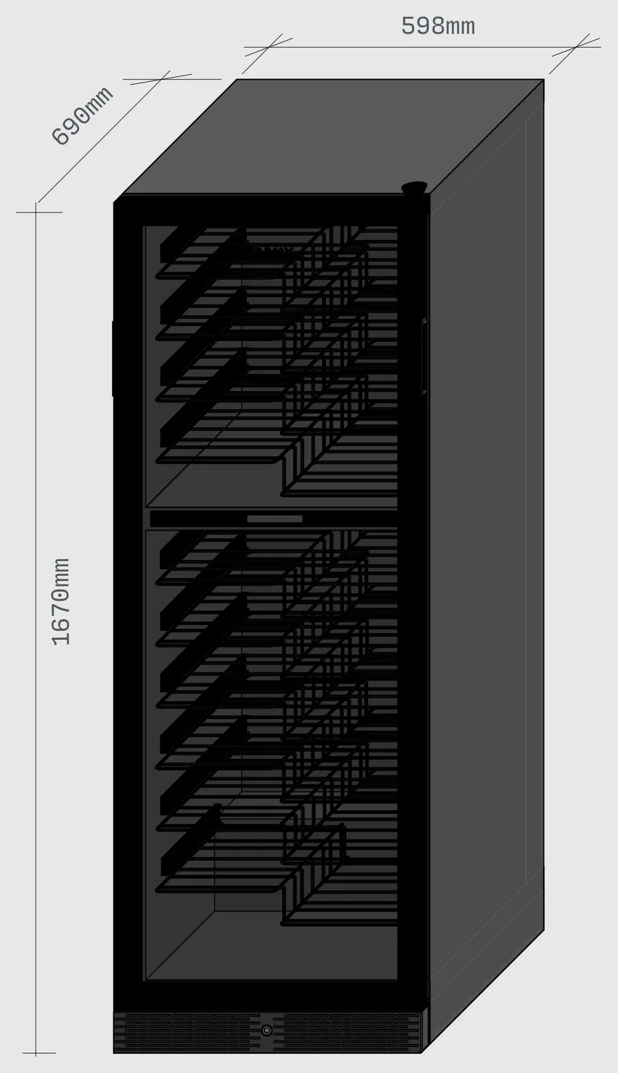 Medidas da adega BAC119: 598mm de largura, 1670mm de altura e 690mm de profundidade