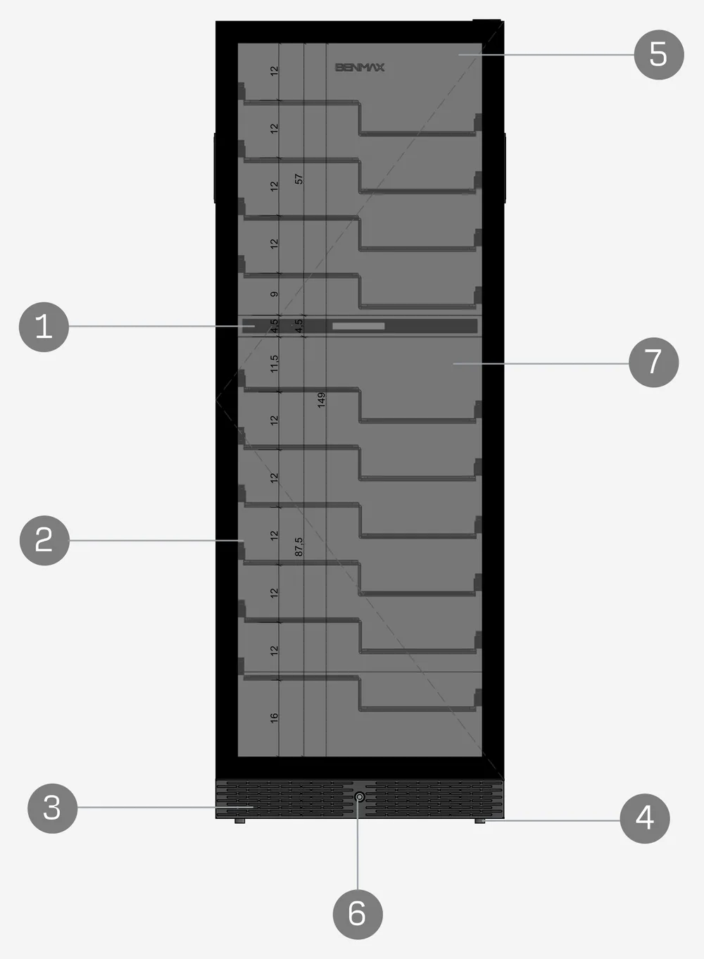 Esquema técnico numerado da BAC119: painel digital, luz de LED, grade frontal, pés autônomos, sistema de filtragem, fechadura de segurança e porta de vidro triplo