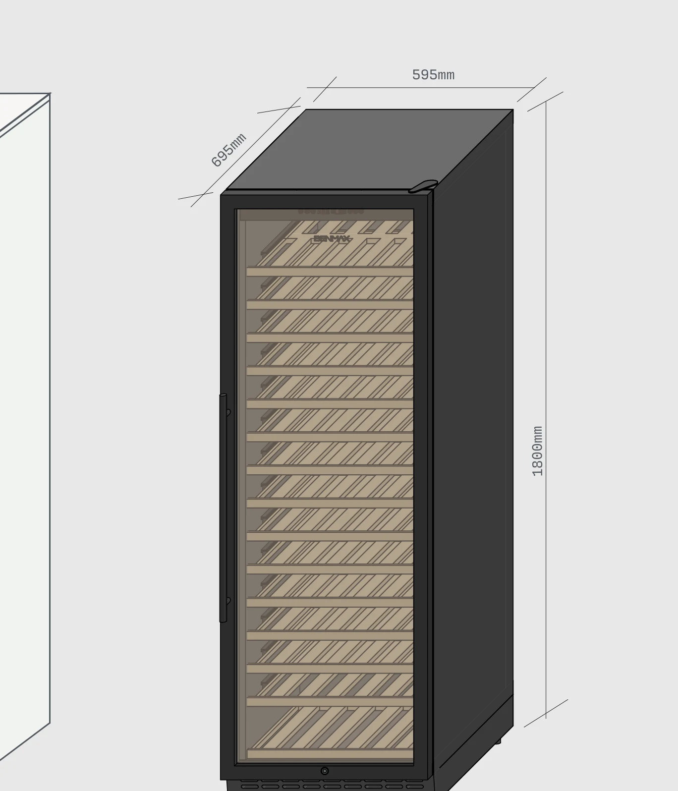 Dimensões da adega BAC209: 1800mm de altura, 595mm de largura e 695mm de profundidade