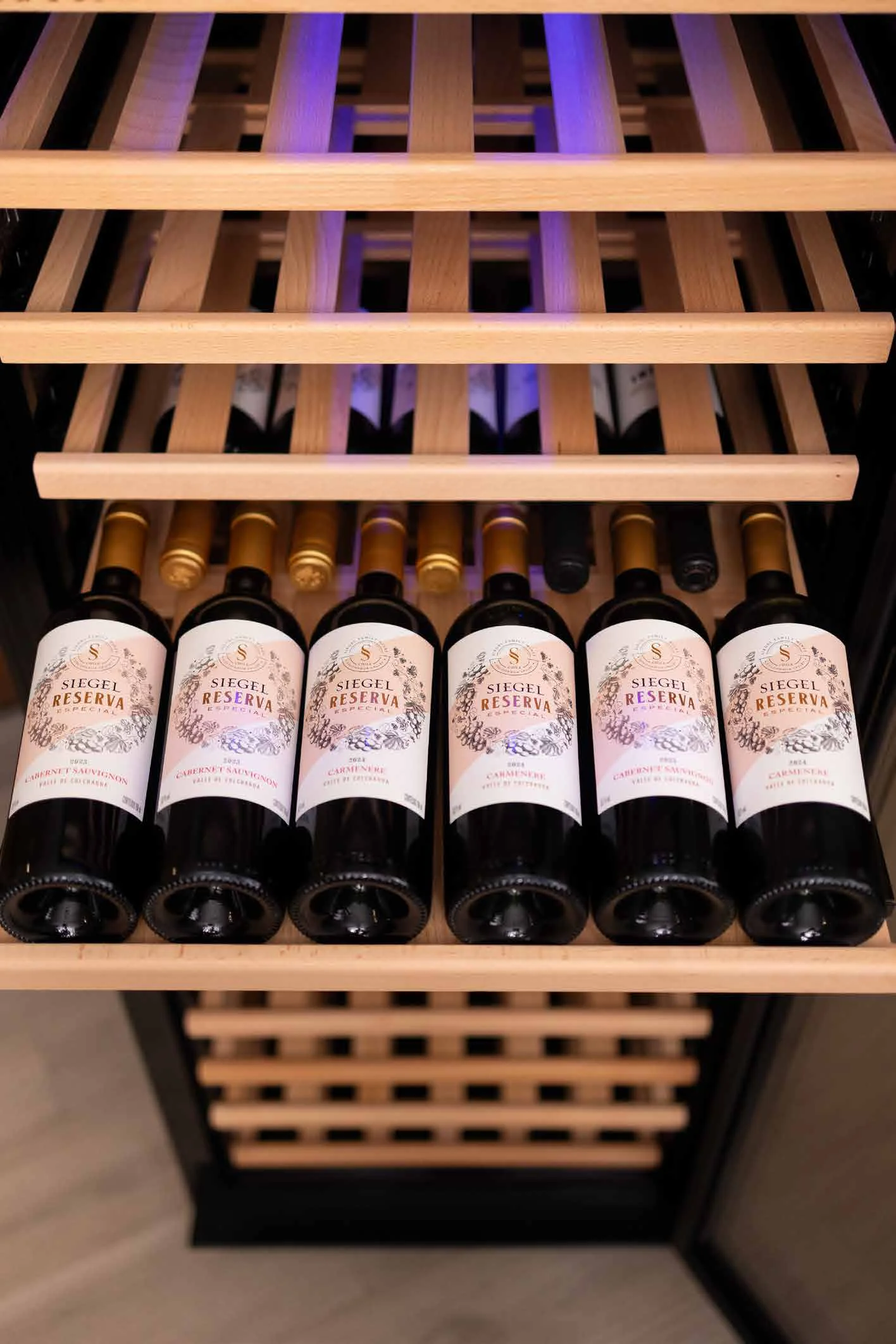 Prateleira telescópica puxada com garrafas de vinho na adega Benmax BAC209
