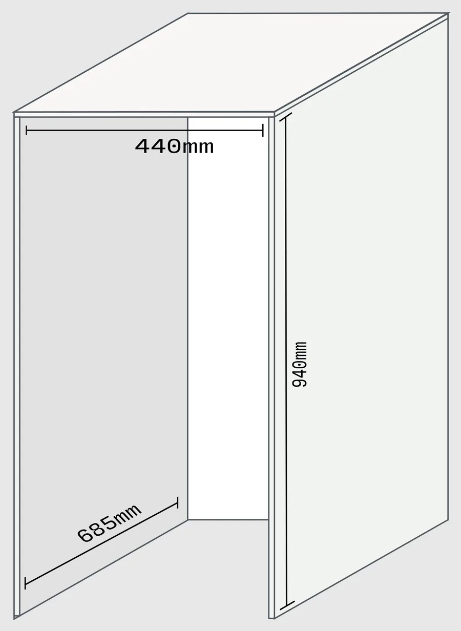Medidas do nicho para instalação: 440mm de largura, 940mm de altura e 685mm de profundidade