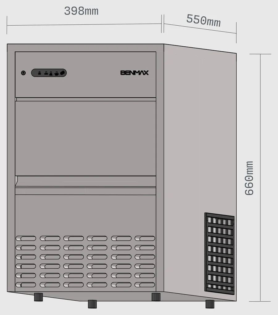 Desenho com as medidas da BMGX50-07: 398mm de largura, 660mm de altura e 550mm de profundidade