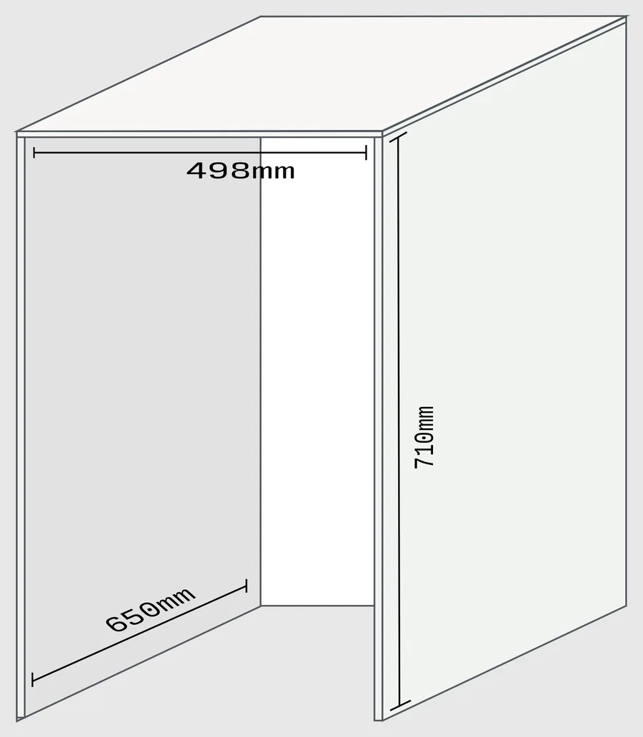 Desenho do nicho para instalação: 498mm de largura, 710mm de altura e 650mm de profundidade