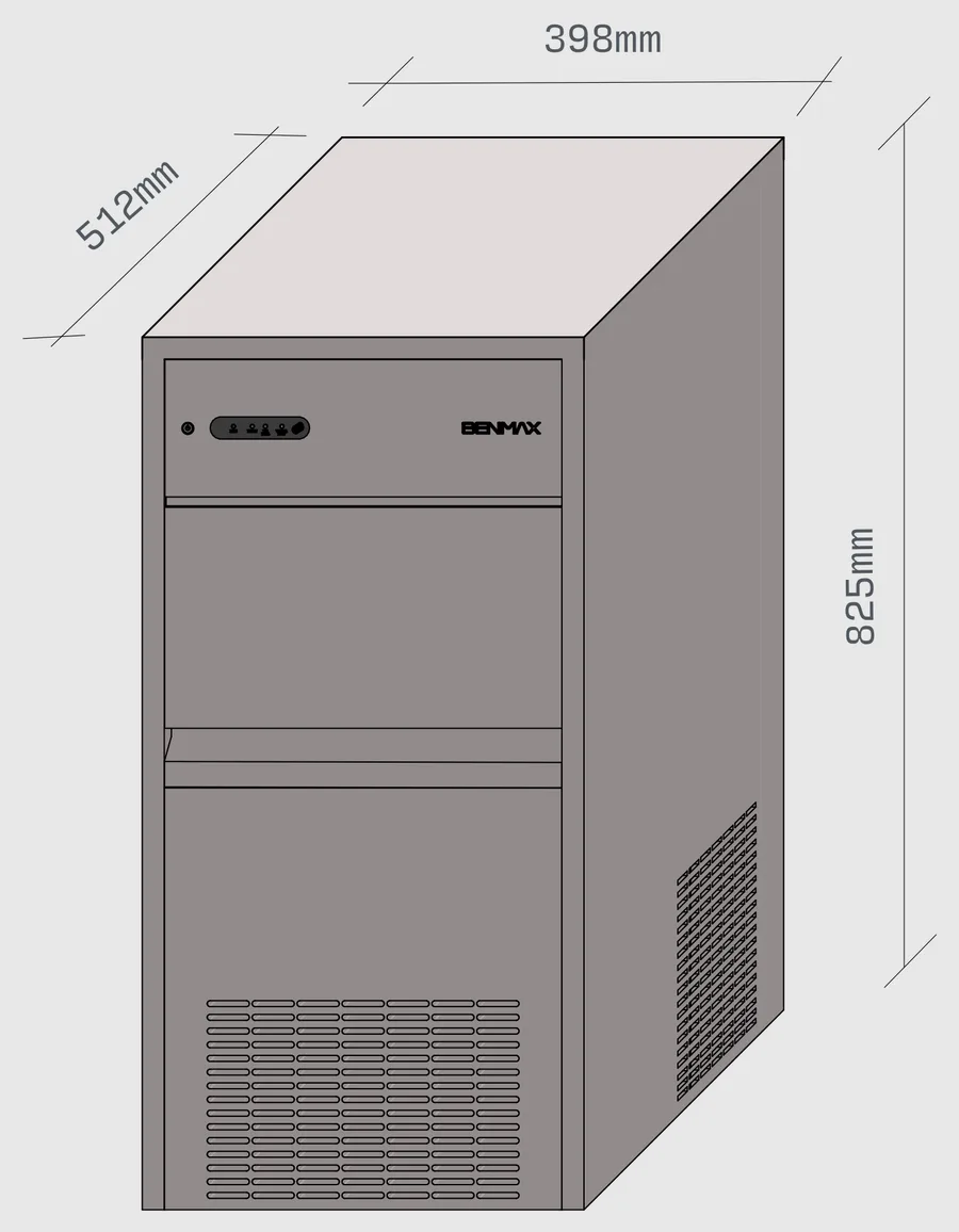 Desenho com as medidas da BMGX50-13: 398mm de largura, 825mm de altura e 512mm de profundidade