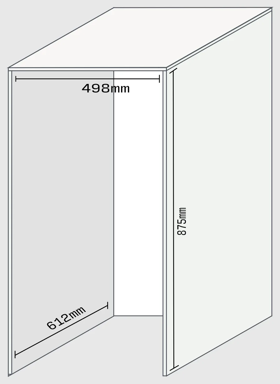 Desenho do nicho para instalação da BMGX50-13: 498mm de largura, 875mm de altura e 612mm de profundidade