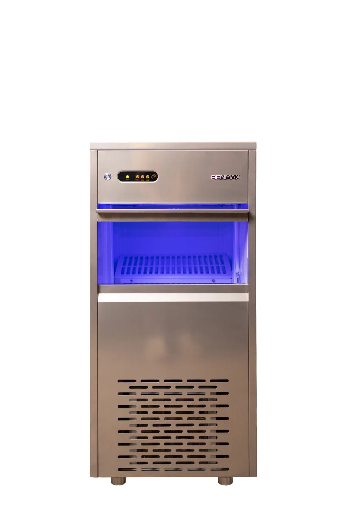 Máquina de Gelo Benmax BMGX50-13 Inox de frente com o reservatório iluminado